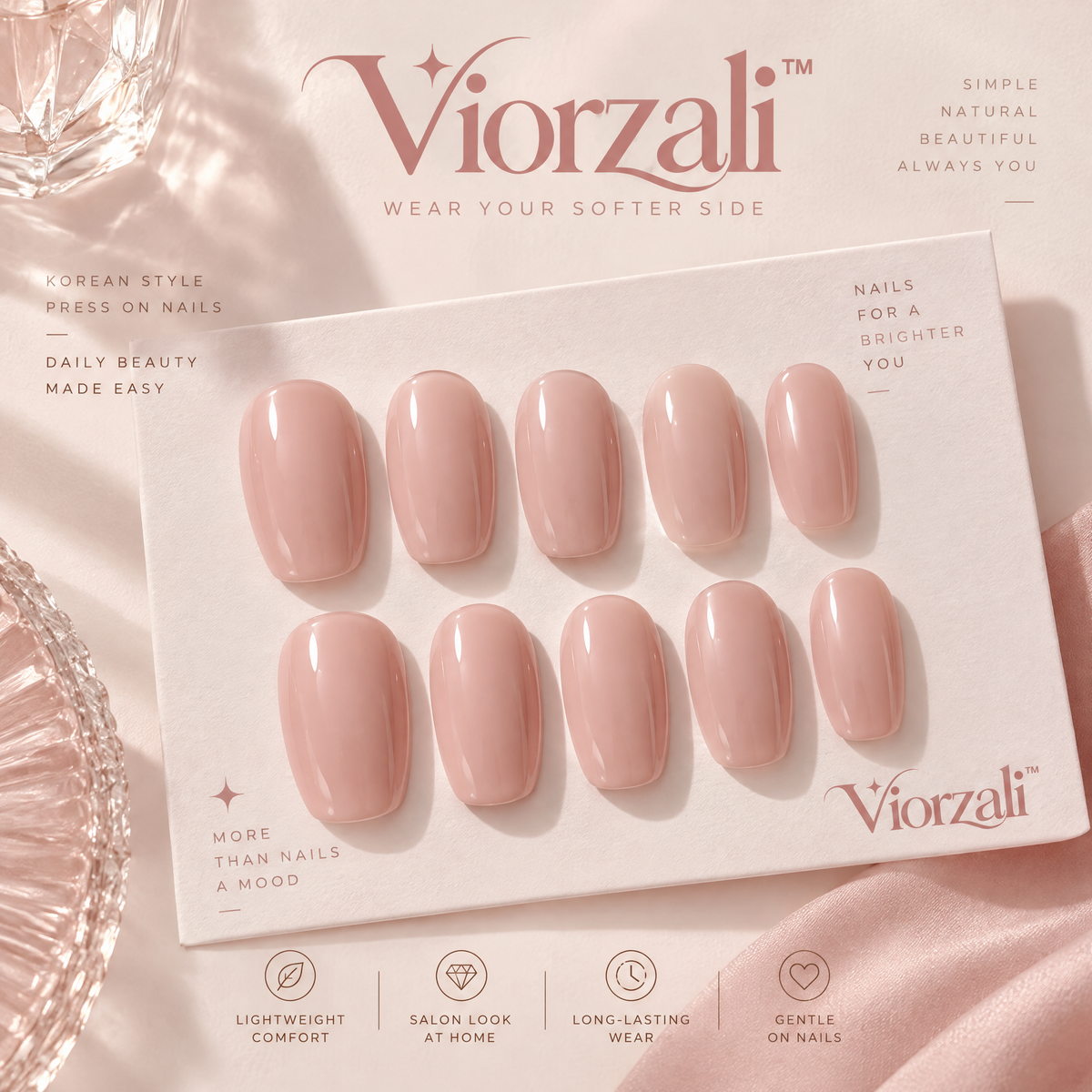 Viorzali™ Glossy Nude Pink Press-On Nails — design overview