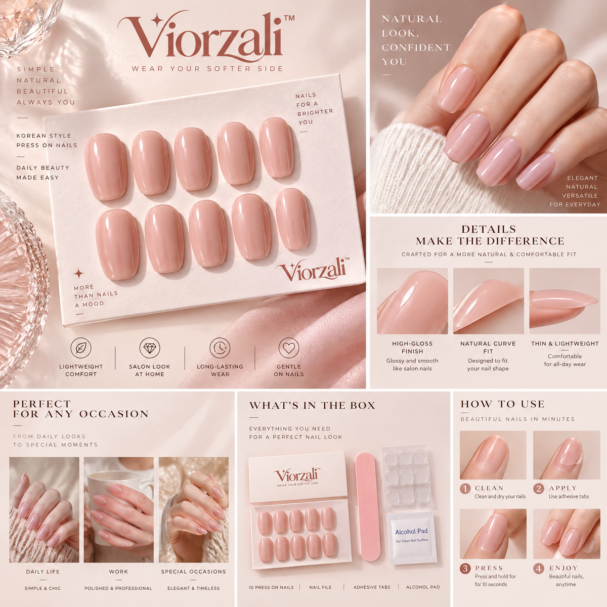 Viorzali™ Glossy Nude Pink Press-On Nails — finish and decorative details