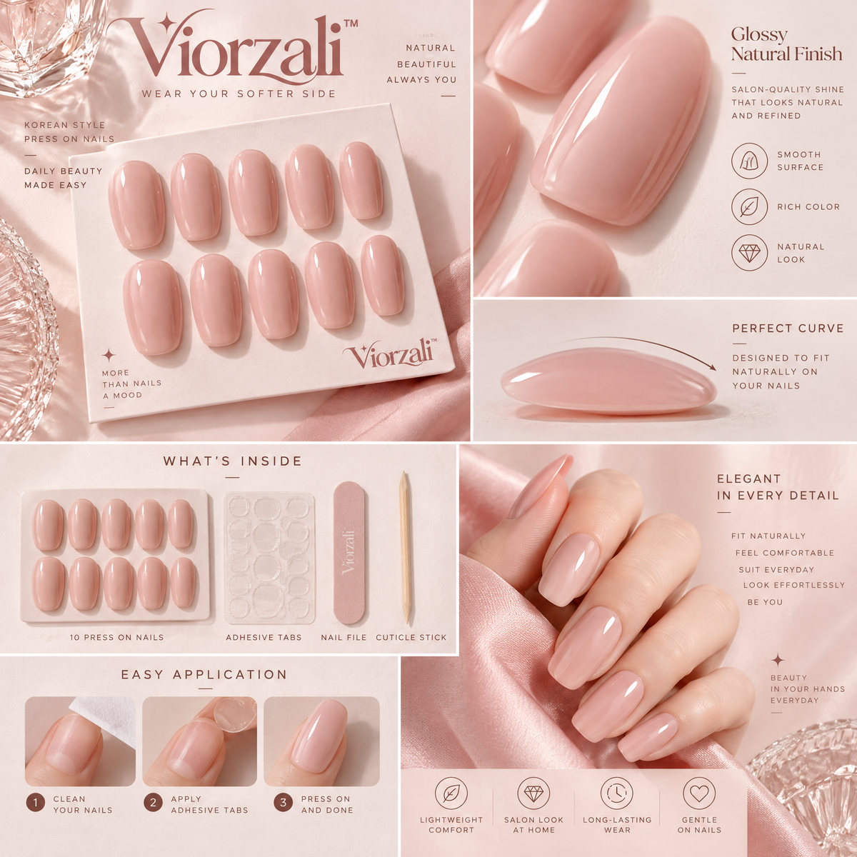 Viorzali™ Glossy Nude Pink Press-On Nails — close-up design