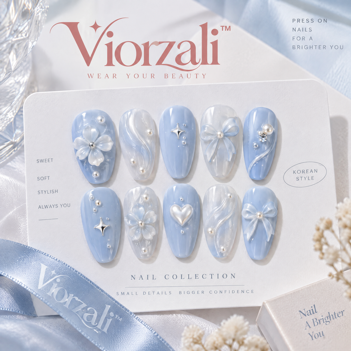 Viorzali™ Powder Blue Bow & Pearl Press-On Nails — design overview
