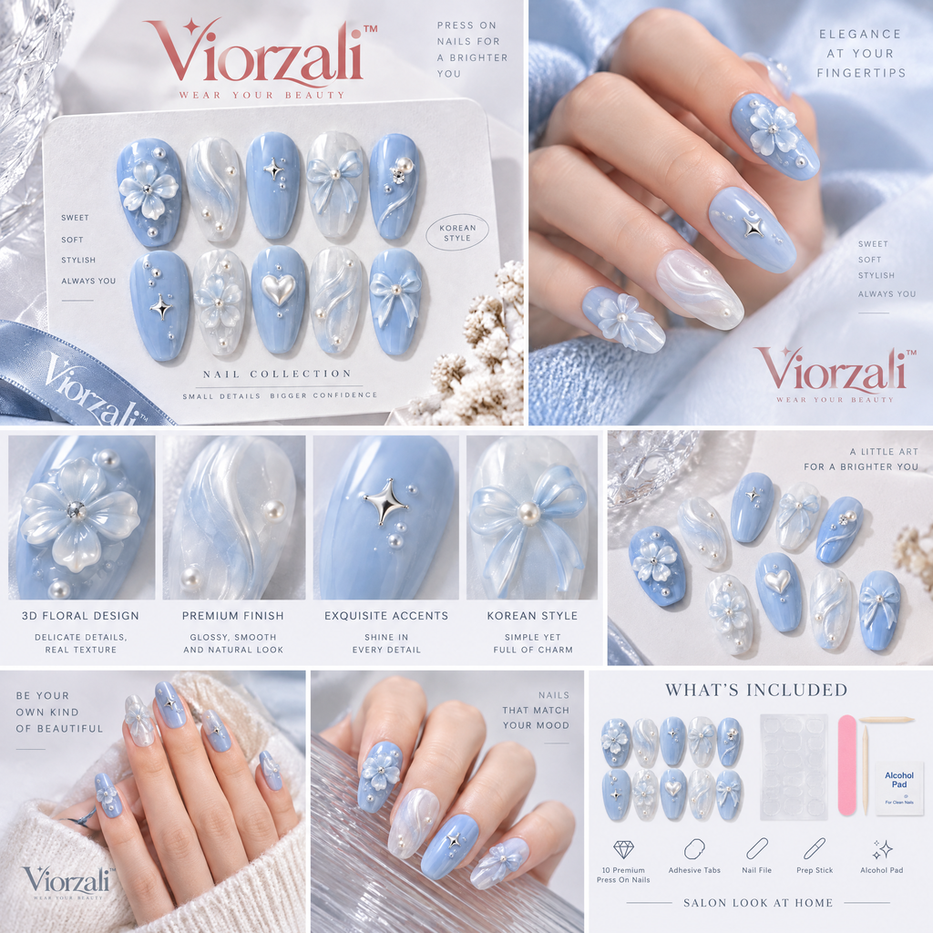 Viorzali™ Powder Blue Bow & Pearl Press-On Nails — finish and decorative details