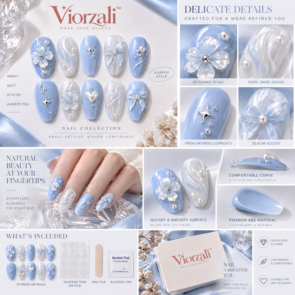 Viorzali™ Powder Blue Bow & Pearl Press-On Nails — close-up design
