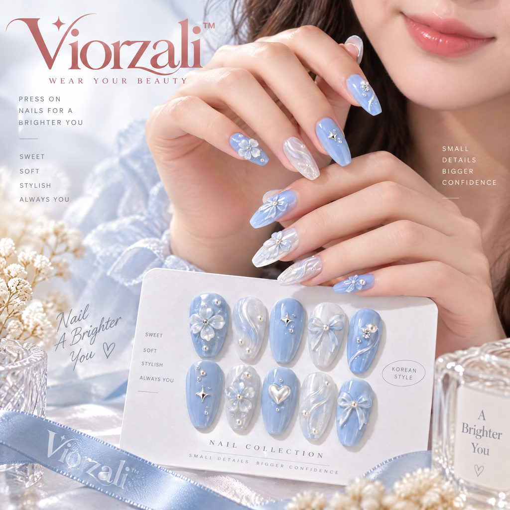 Viorzali™ Powder Blue Bow & Pearl Press-On Nails — styling inspiration