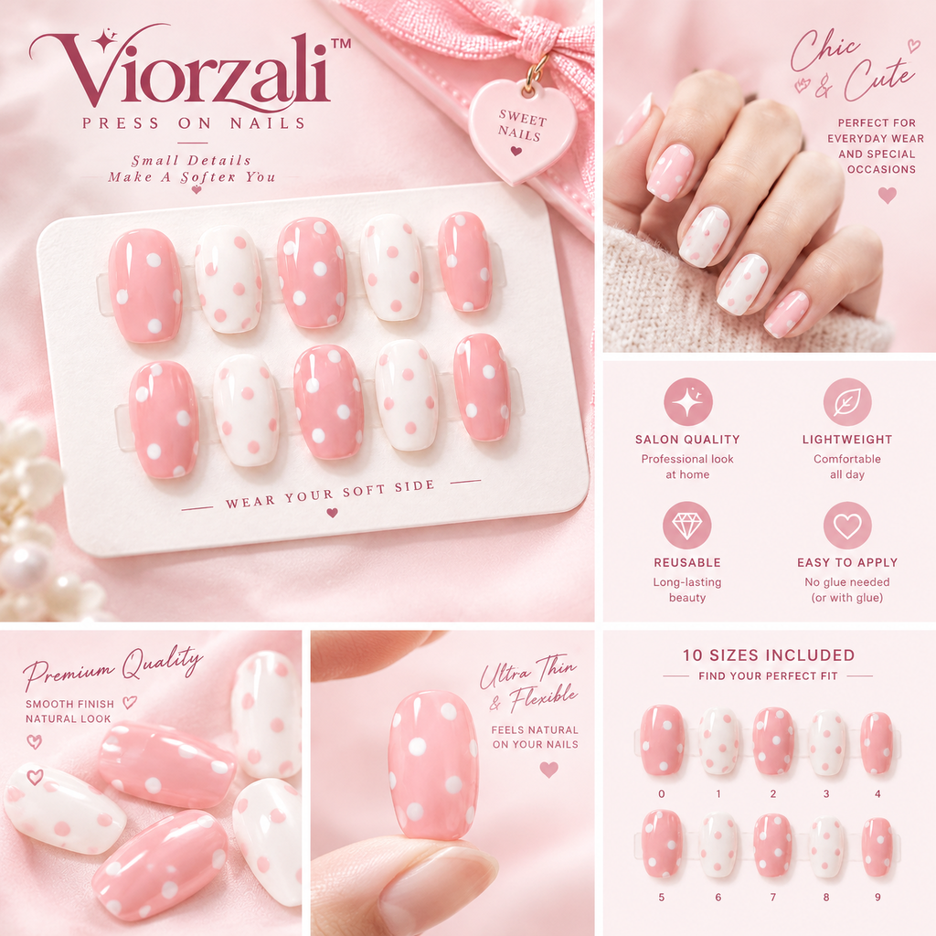 Viorzali™ Pink & White Polka Dot Press-On Nails — finish and decorative details