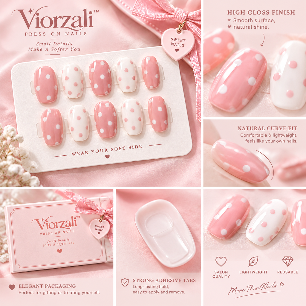 Viorzali™ Pink & White Polka Dot Press-On Nails — close-up design