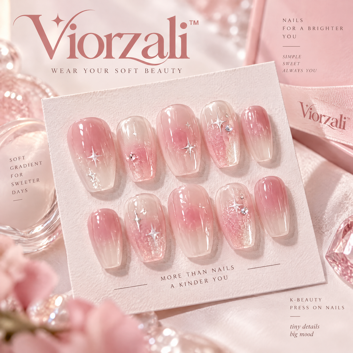 Viorzali™ Pink Ombre Glitter Star Press-On Nails — design overview