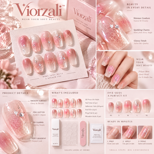 Viorzali™ Pink Ombre Glitter Star Press-On Nails — finish and decorative details