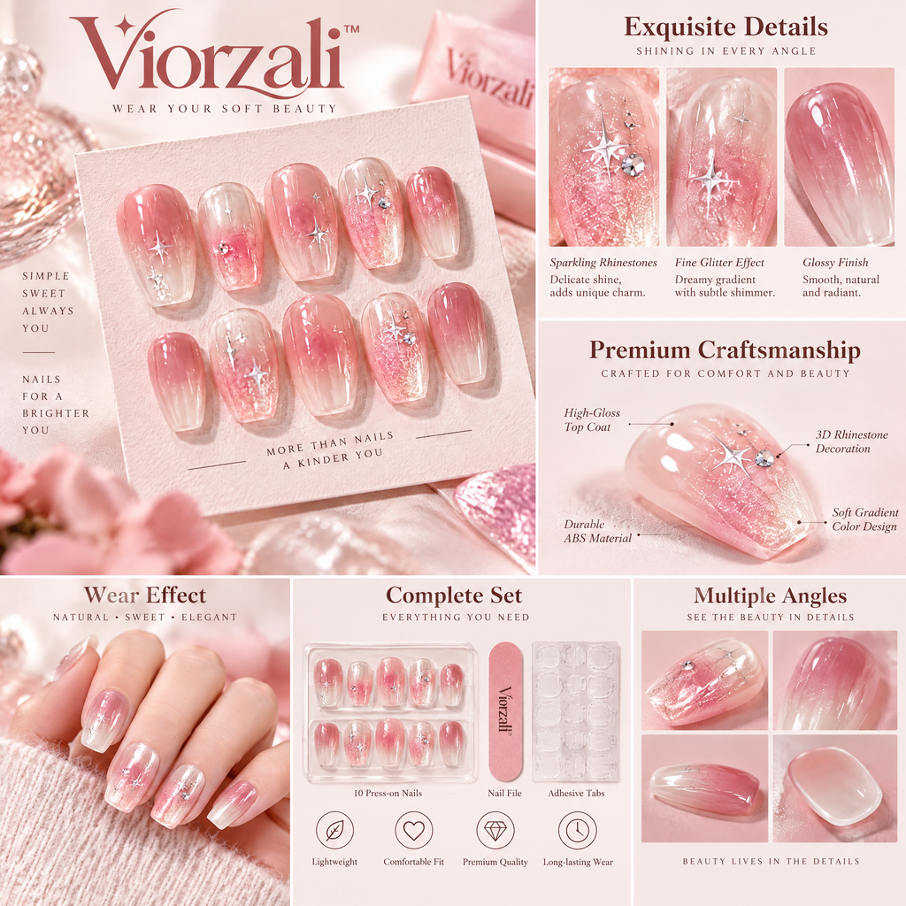 Viorzali™ Pink Ombre Glitter Star Press-On Nails — close-up design