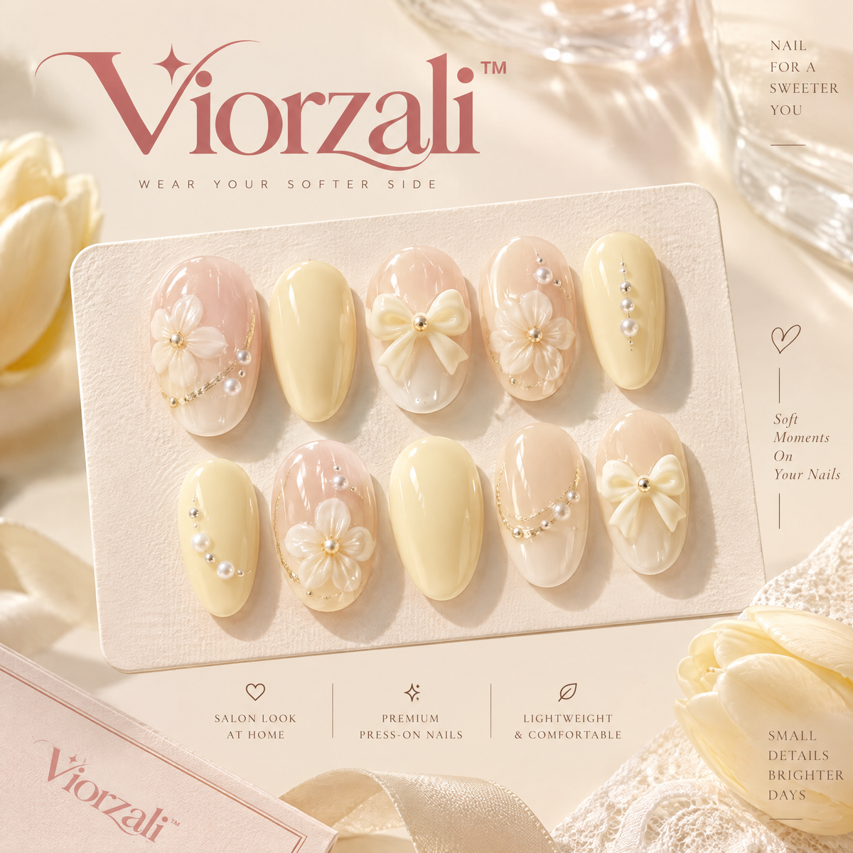 Viorzali™ Butter Yellow Floral Bow Press-On Nails — design overview