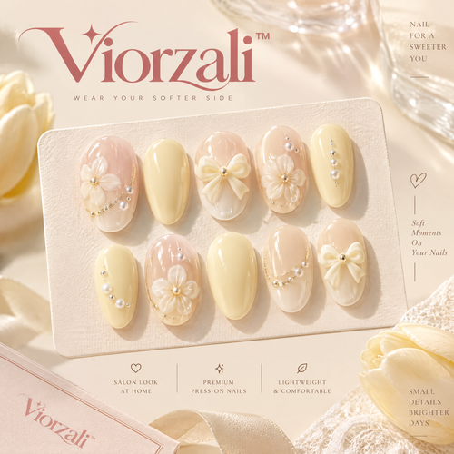 Viorzali™ Butter Yellow Floral Bow Press-On Nails — design overview
