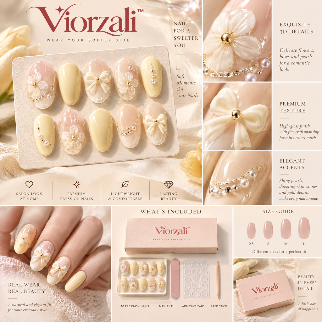 Viorzali™ Butter Yellow Floral Bow Press-On Nails — finish and decorative details