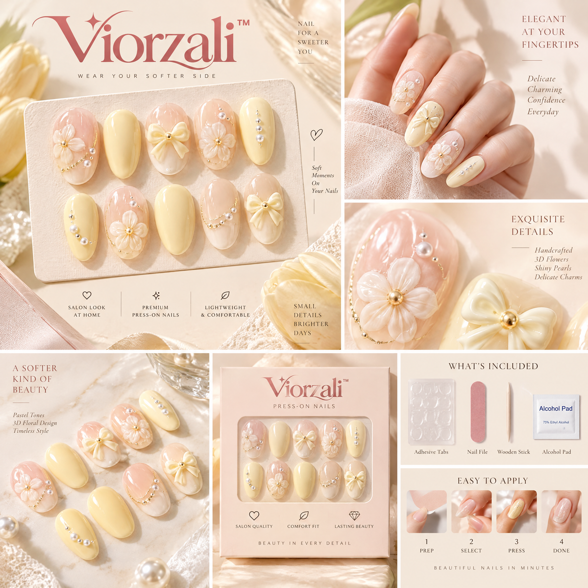 Viorzali™ Butter Yellow Floral Bow Press-On Nails — close-up design