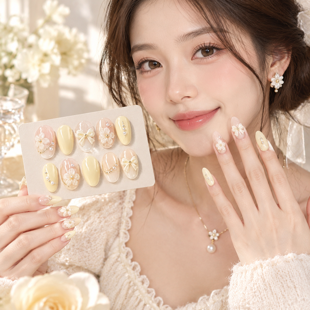Viorzali™ Butter Yellow Floral Bow Press-On Nails — styling inspiration
