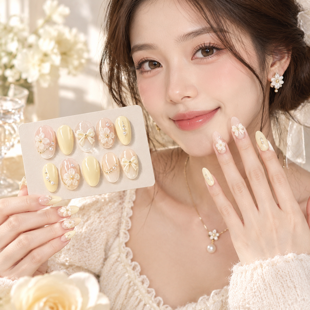 Viorzali™ Butter Yellow Floral Bow Press-On Nails — styling inspiration