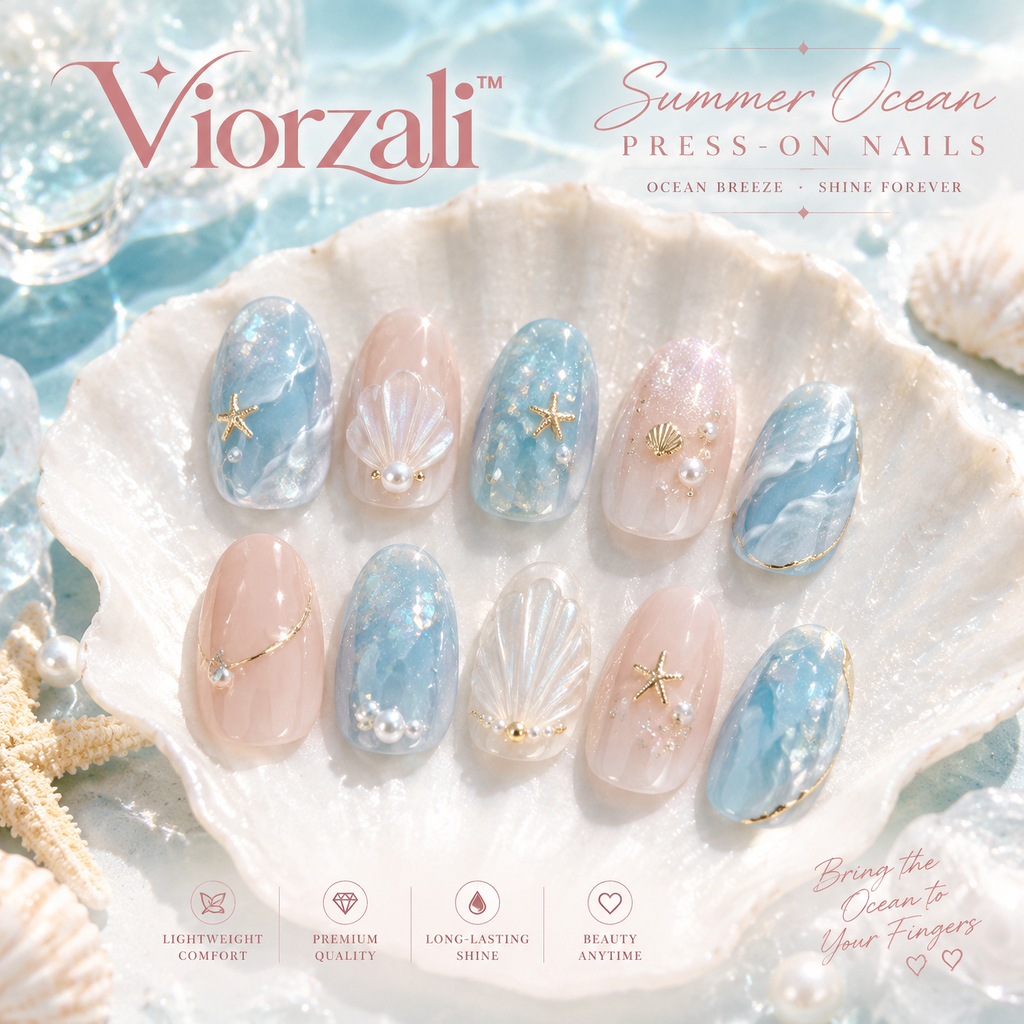 Viorzali™ Summer Ocean Seashell Press-On Nails — design overview