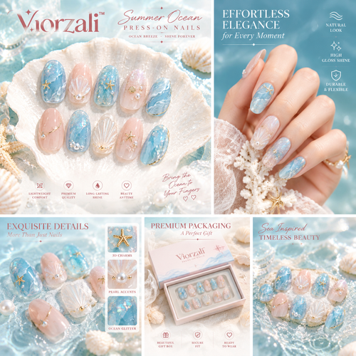 Viorzali™ Summer Ocean Seashell Press-On Nails — finish and decorative details
