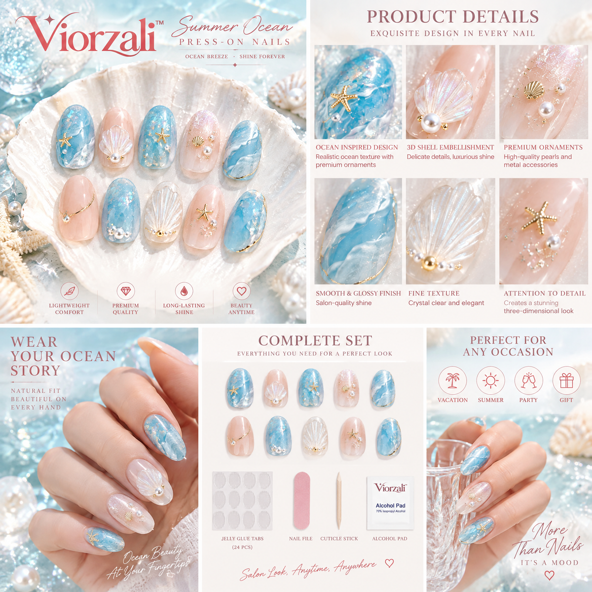 Viorzali™ Summer Ocean Seashell Press-On Nails — close-up design