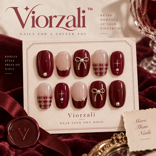 Viorzali™ Burgundy Romance Bow & Plaid Press-On Nails — design overview