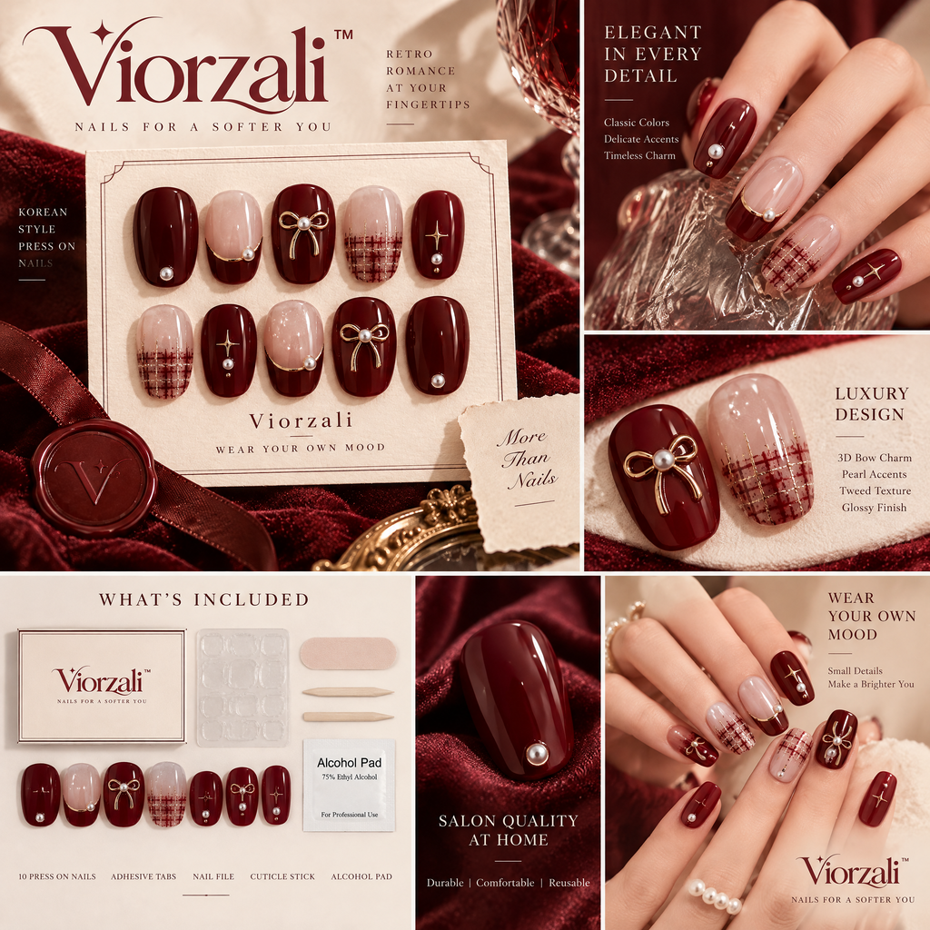Viorzali™ Burgundy Romance Bow & Plaid Press-On Nails — finish and decorative details