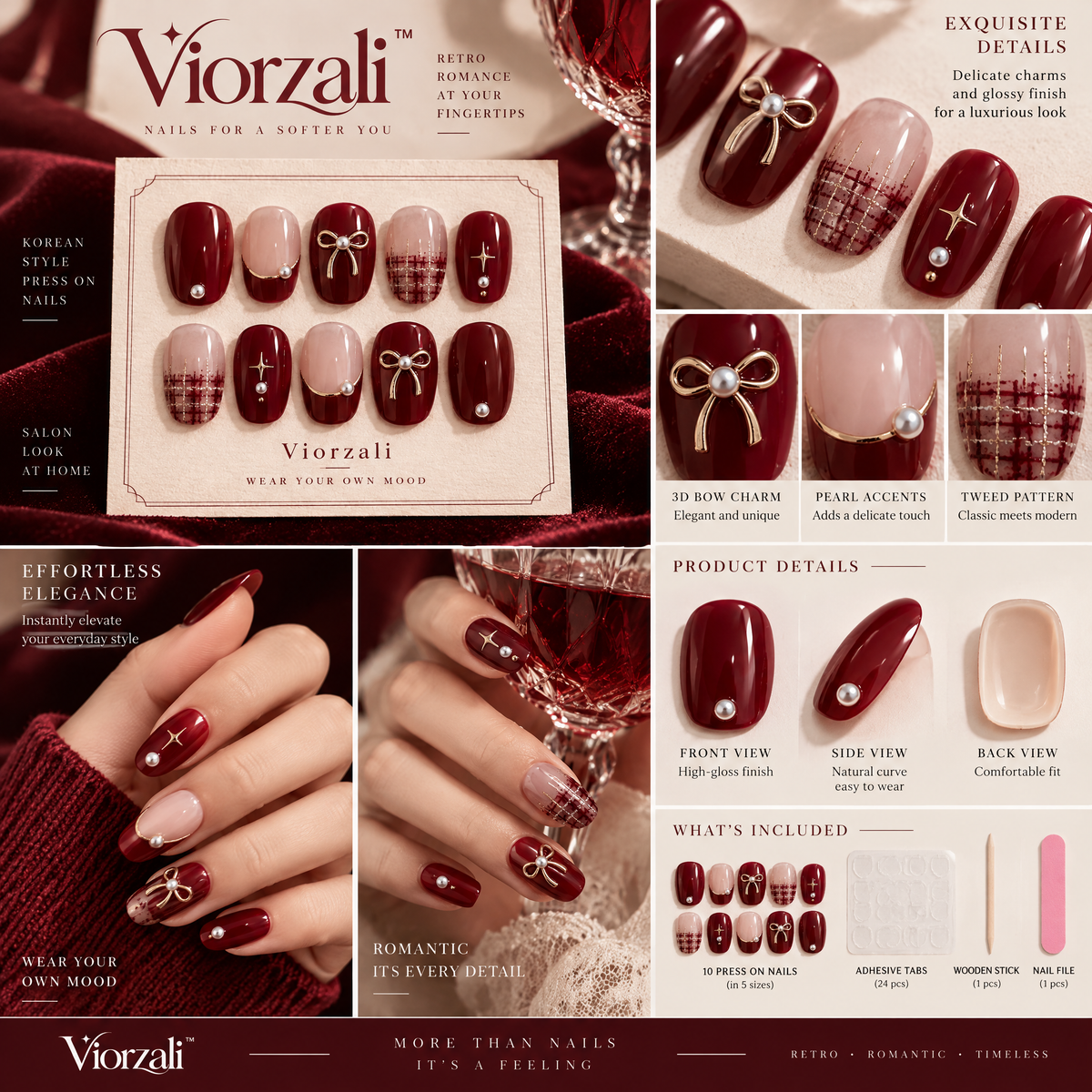 Viorzali™ Burgundy Romance Bow & Plaid Press-On Nails — close-up design