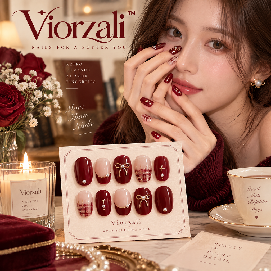 Viorzali™ Burgundy Romance Bow & Plaid Press-On Nails — styling inspiration