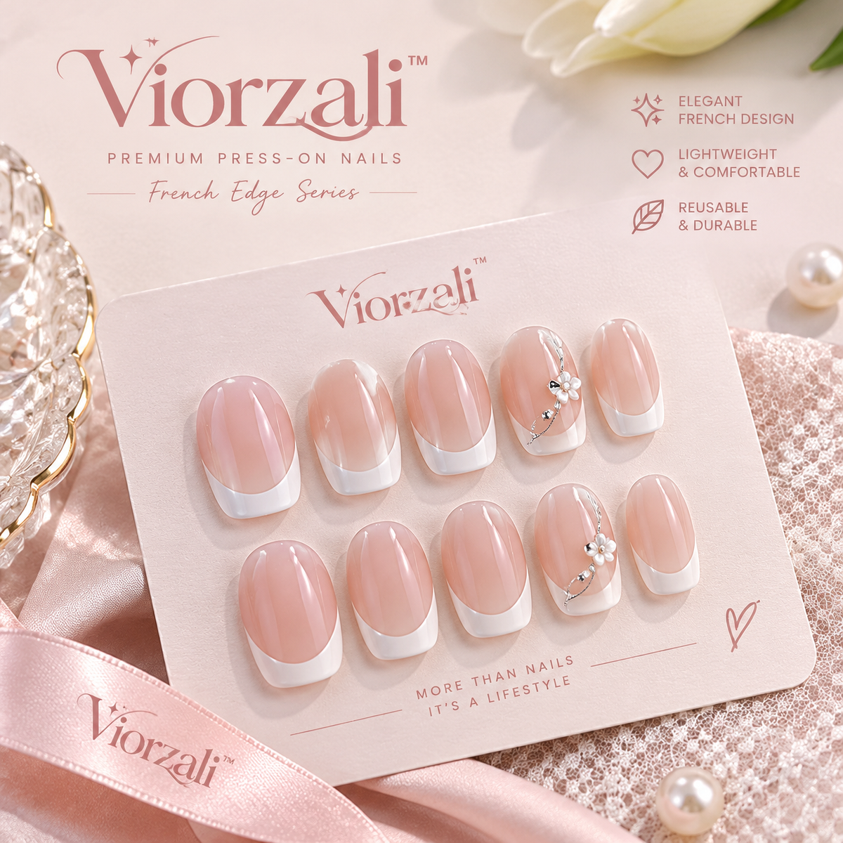 Viorzali™ French Edge Pearl Floral Press-On Nails — design overview