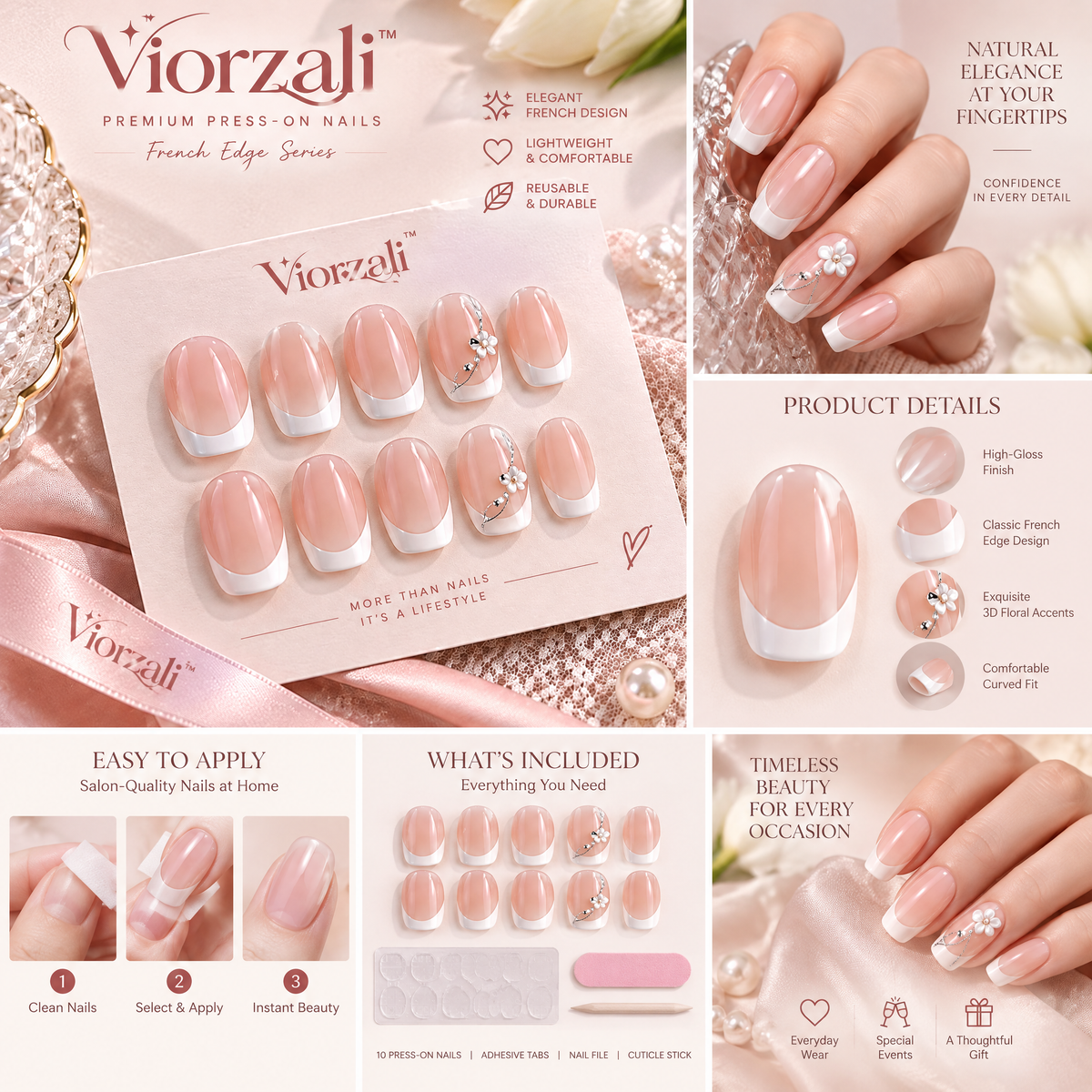 Viorzali™ French Edge Pearl Floral Press-On Nails — finish and decorative details