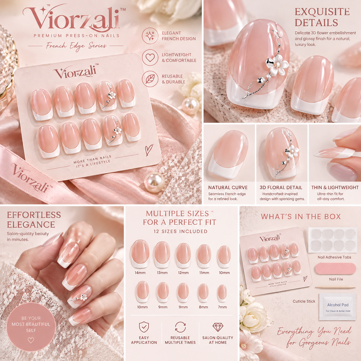 Viorzali™ French Edge Pearl Floral Press-On Nails — close-up design