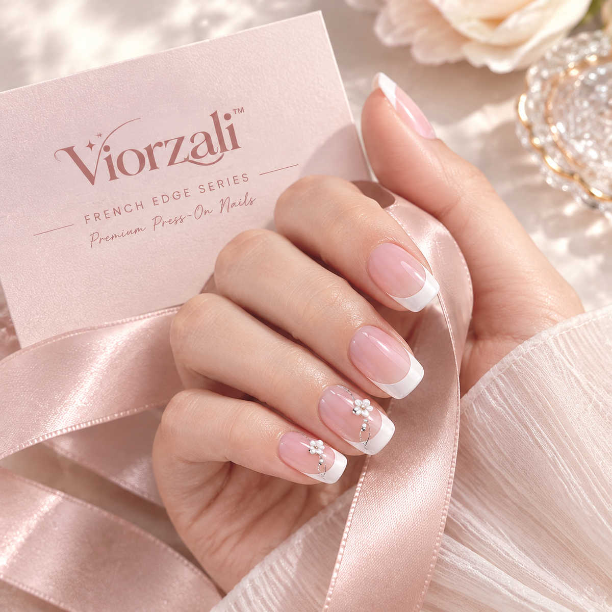 Viorzali™ French Edge Pearl Floral Press-On Nails — styling inspiration