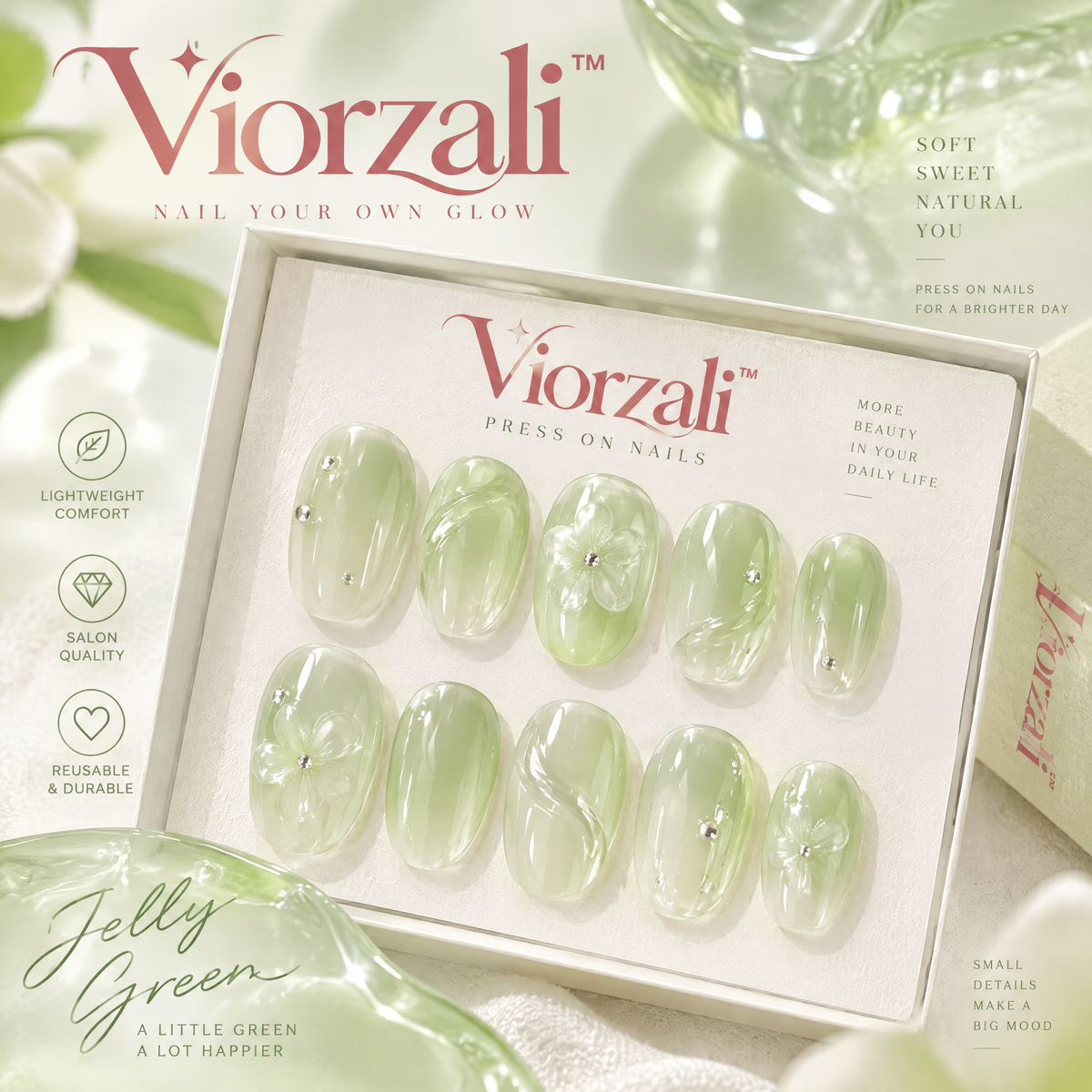 Viorzali™ Jelly Green Floral Press-On Nails — design overview