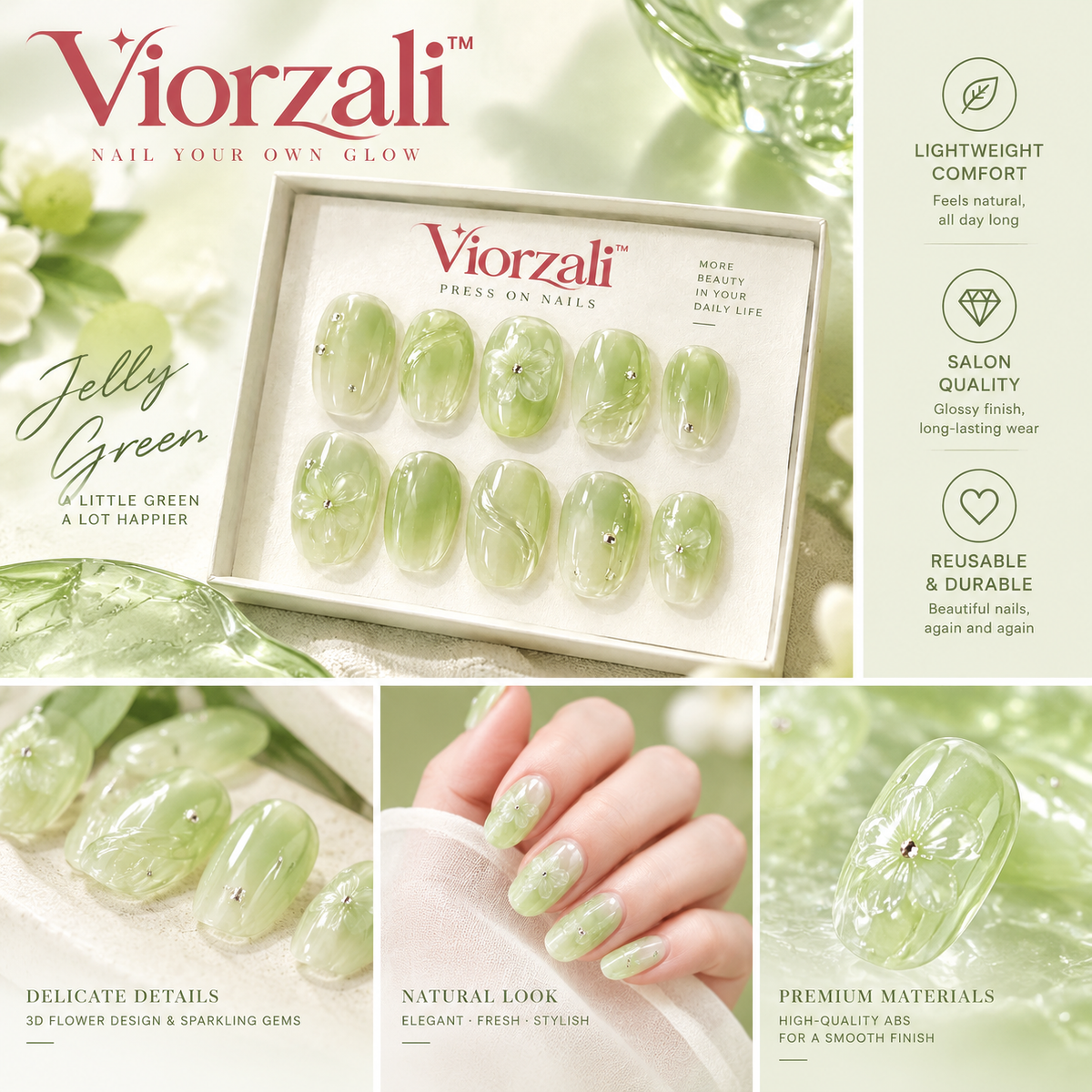 Viorzali™ Jelly Green Floral Press-On Nails — finish and decorative details