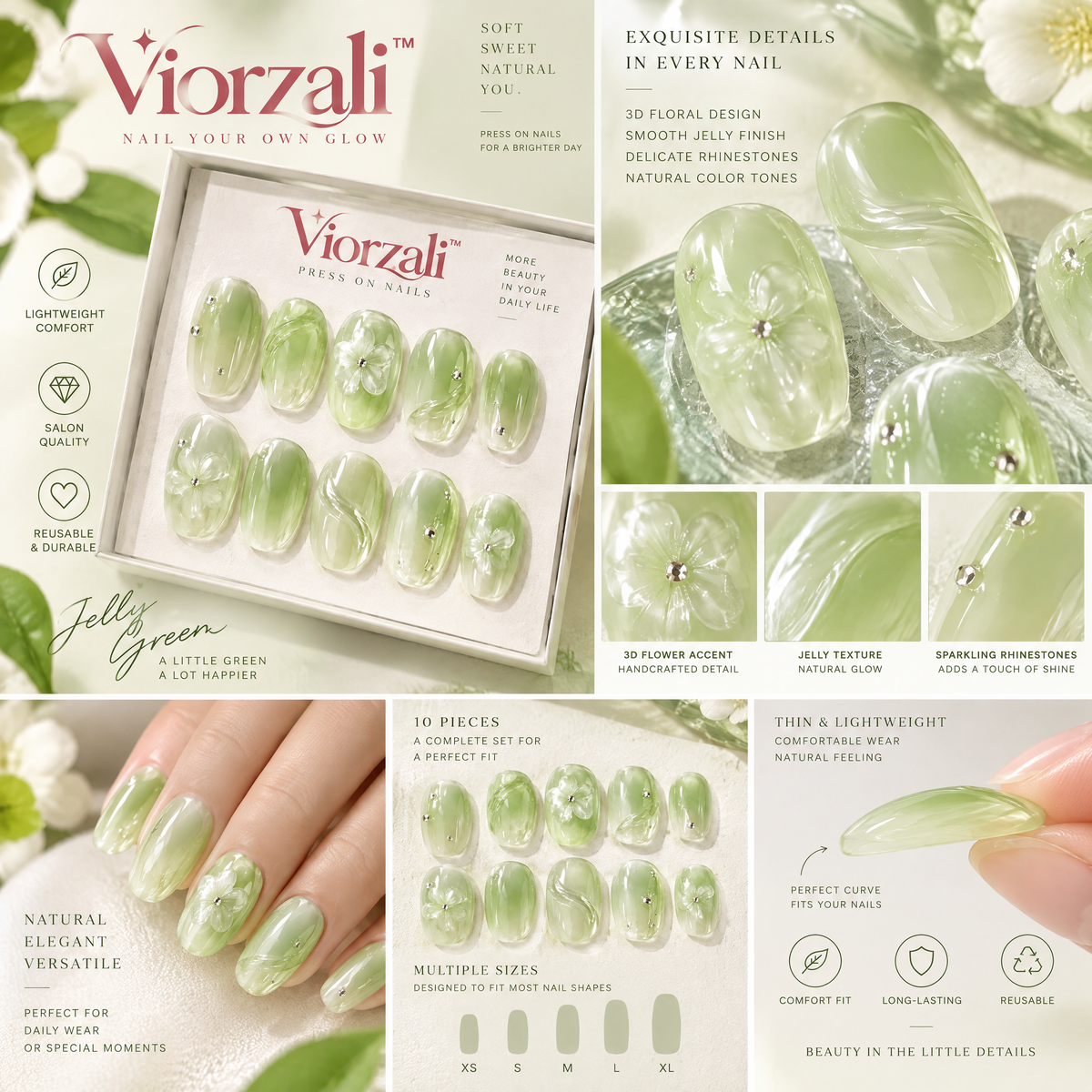 Viorzali™ Jelly Green Floral Press-On Nails — close-up design