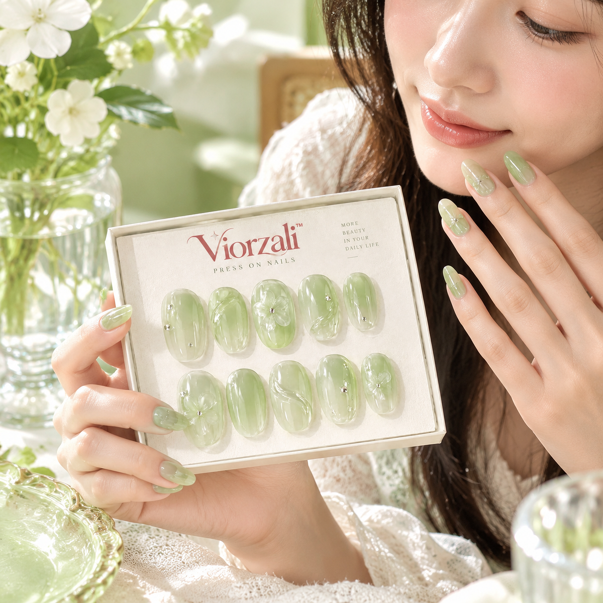 Viorzali™ Jelly Green Floral Press-On Nails — styling inspiration