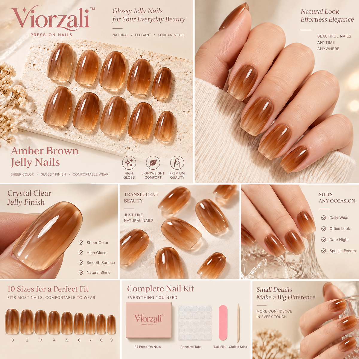 Viorzali™ Amber Brown Jelly Press-On Nails — finish and decorative details