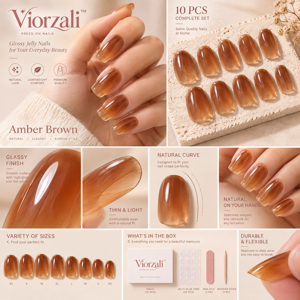 Viorzali™ Amber Brown Jelly Press-On Nails — close-up design