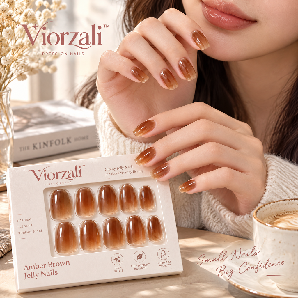 Viorzali™ Amber Brown Jelly Press-On Nails — styling inspiration