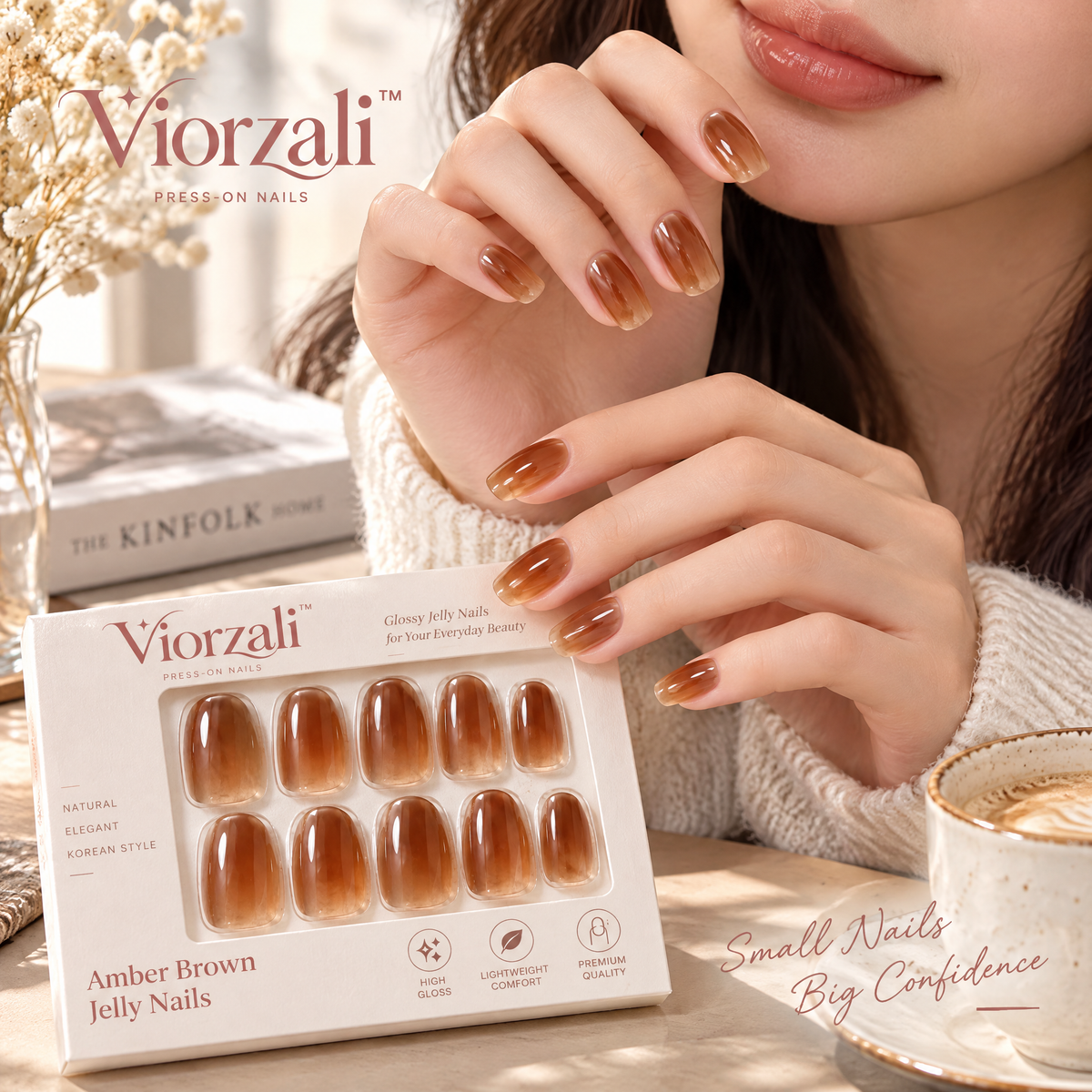 Viorzali™ Amber Brown Jelly Press-On Nails — styling inspiration