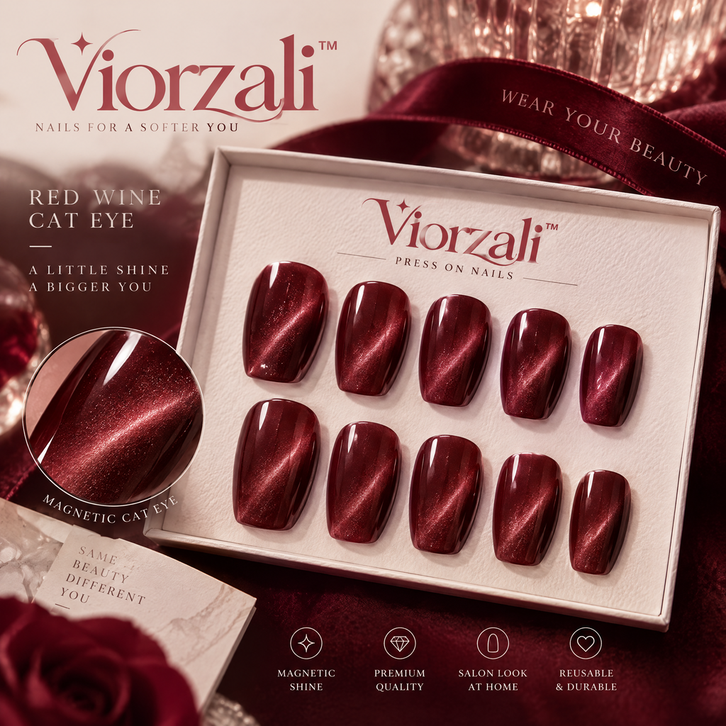 Viorzali™ Red Wine Magnetic Cat-Eye Press-On Nails — design overview
