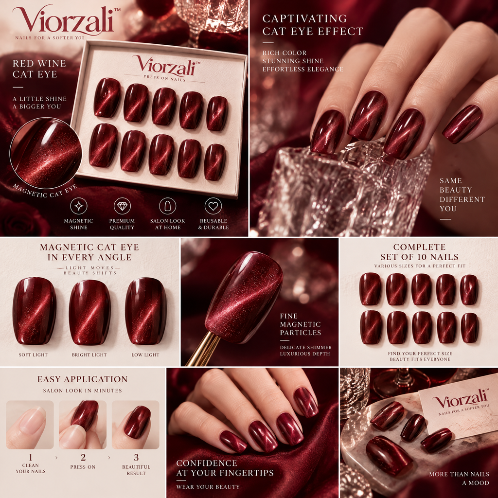 Viorzali™ Red Wine Magnetic Cat-Eye Press-On Nails — finish and decorative details