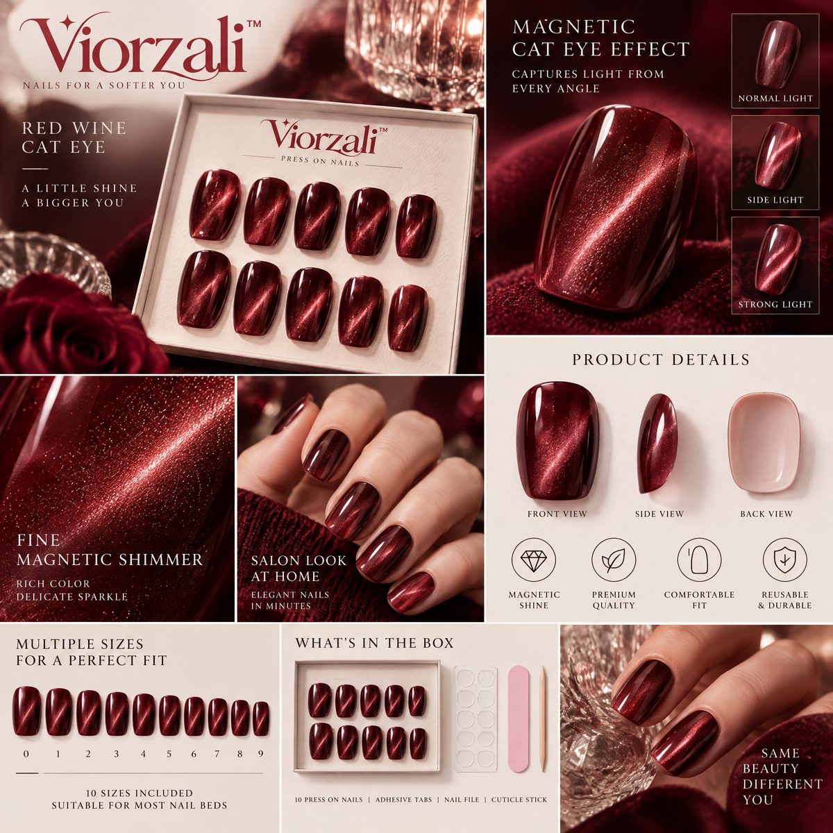 Viorzali™ Red Wine Magnetic Cat-Eye Press-On Nails — close-up design
