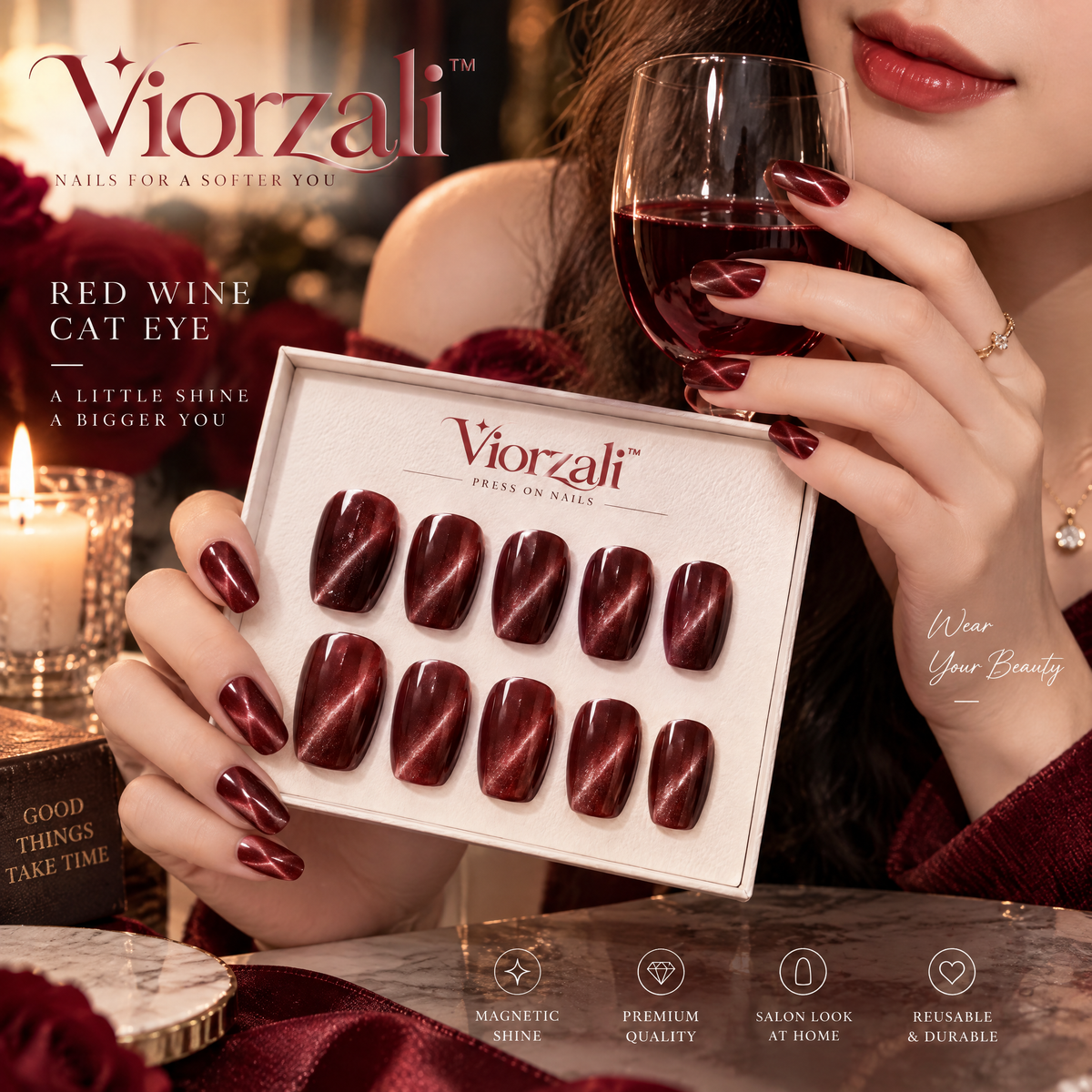 Viorzali™ Red Wine Magnetic Cat-Eye Press-On Nails — styling inspiration