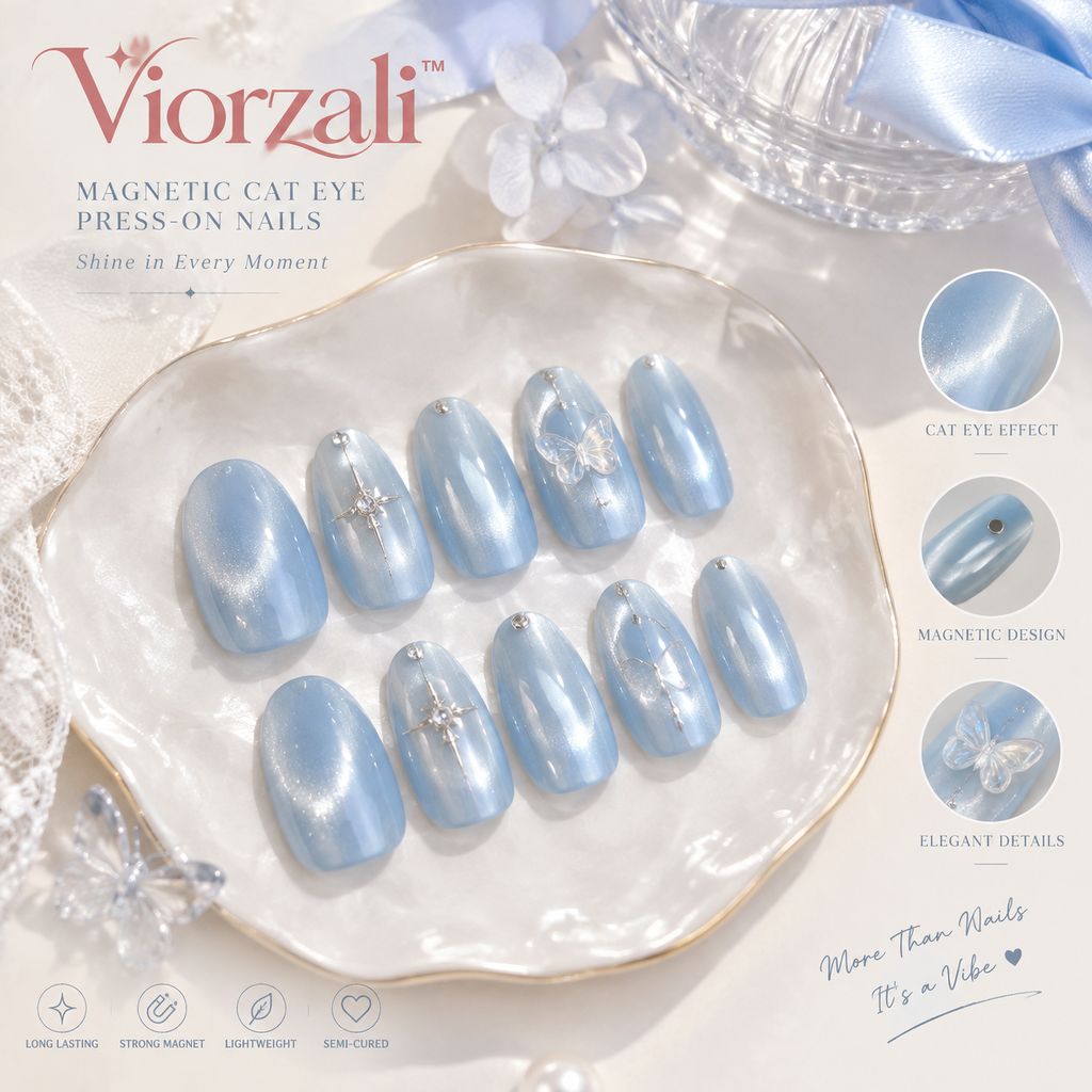 Viorzali™ Icy Blue Magnetic Cat-Eye Press-On Nails — design overview