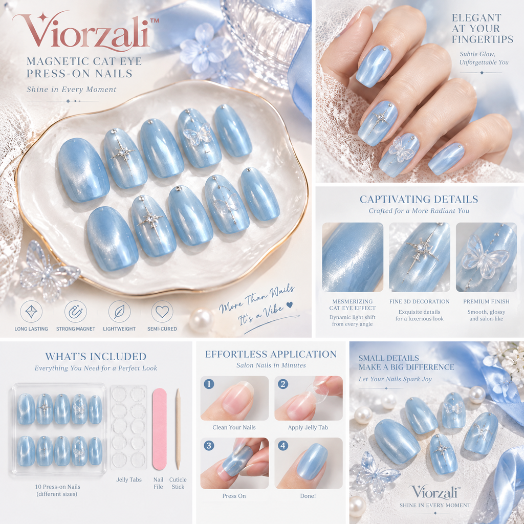 Viorzali™ Icy Blue Magnetic Cat-Eye Press-On Nails — finish and decorative details