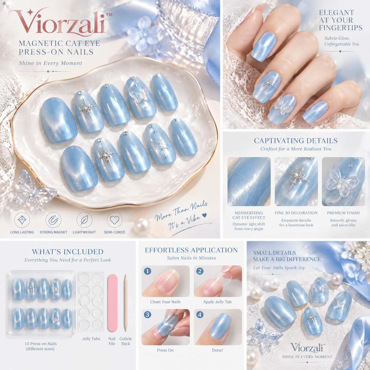 Viorzali™ Icy Blue Magnetic Cat-Eye Press-On Nails — finish and decorative details