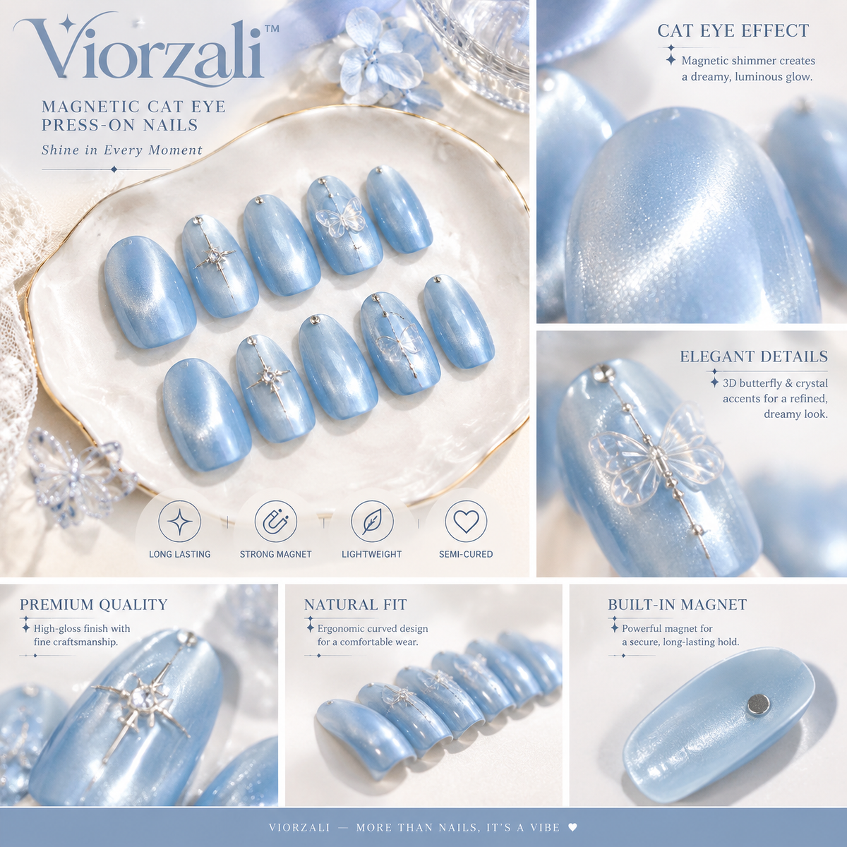 Viorzali™ Icy Blue Magnetic Cat-Eye Press-On Nails — close-up design
