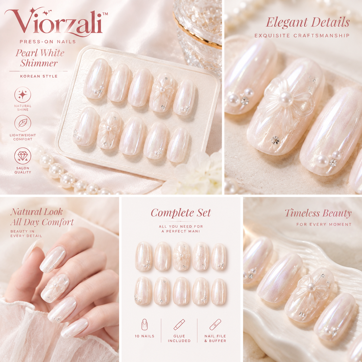 Viorzali™ Pearl White Shimmer Press-On Nails — finish and decorative details