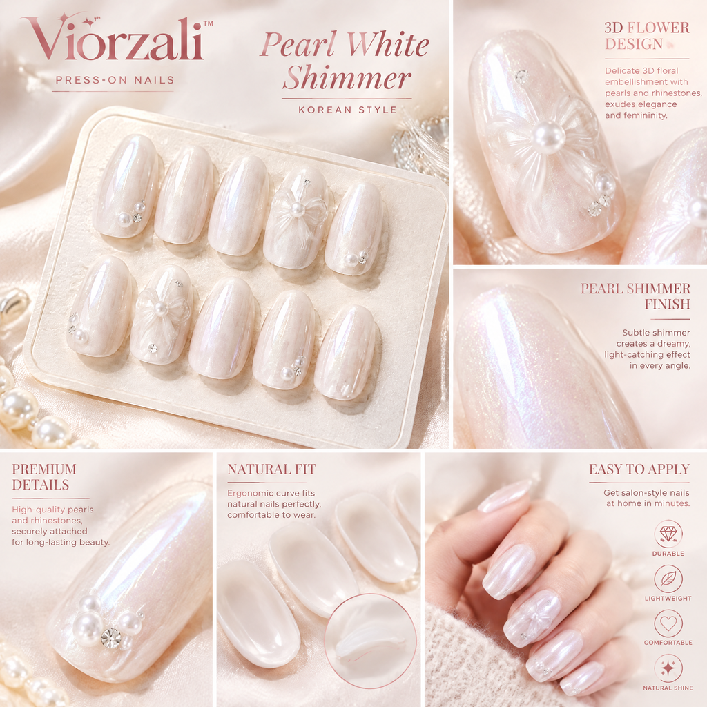 Viorzali™ Pearl White Shimmer Press-On Nails — close-up design