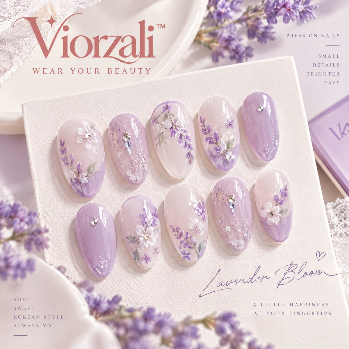 Viorzali™ Lavender Bloom Floral Press-On Nails — design overview
