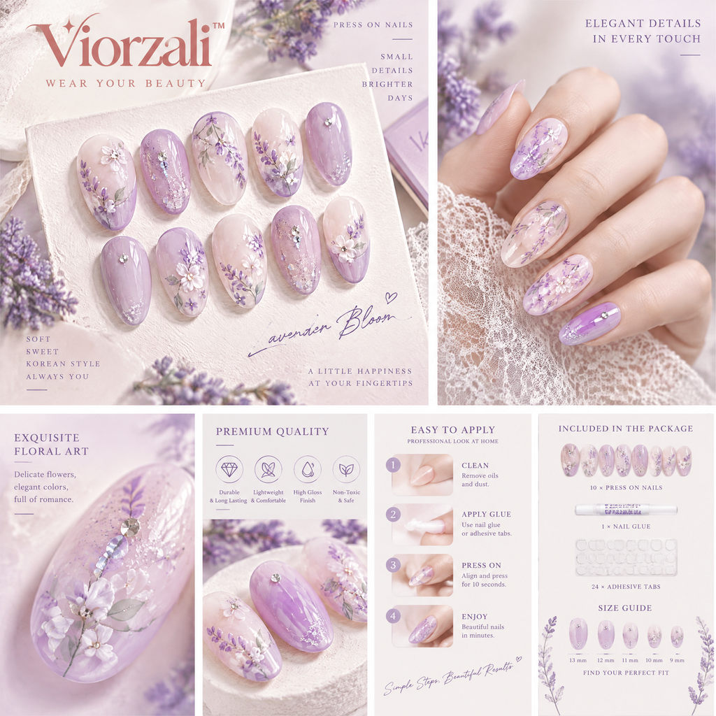 Viorzali™ Lavender Bloom Floral Press-On Nails — finish and decorative details