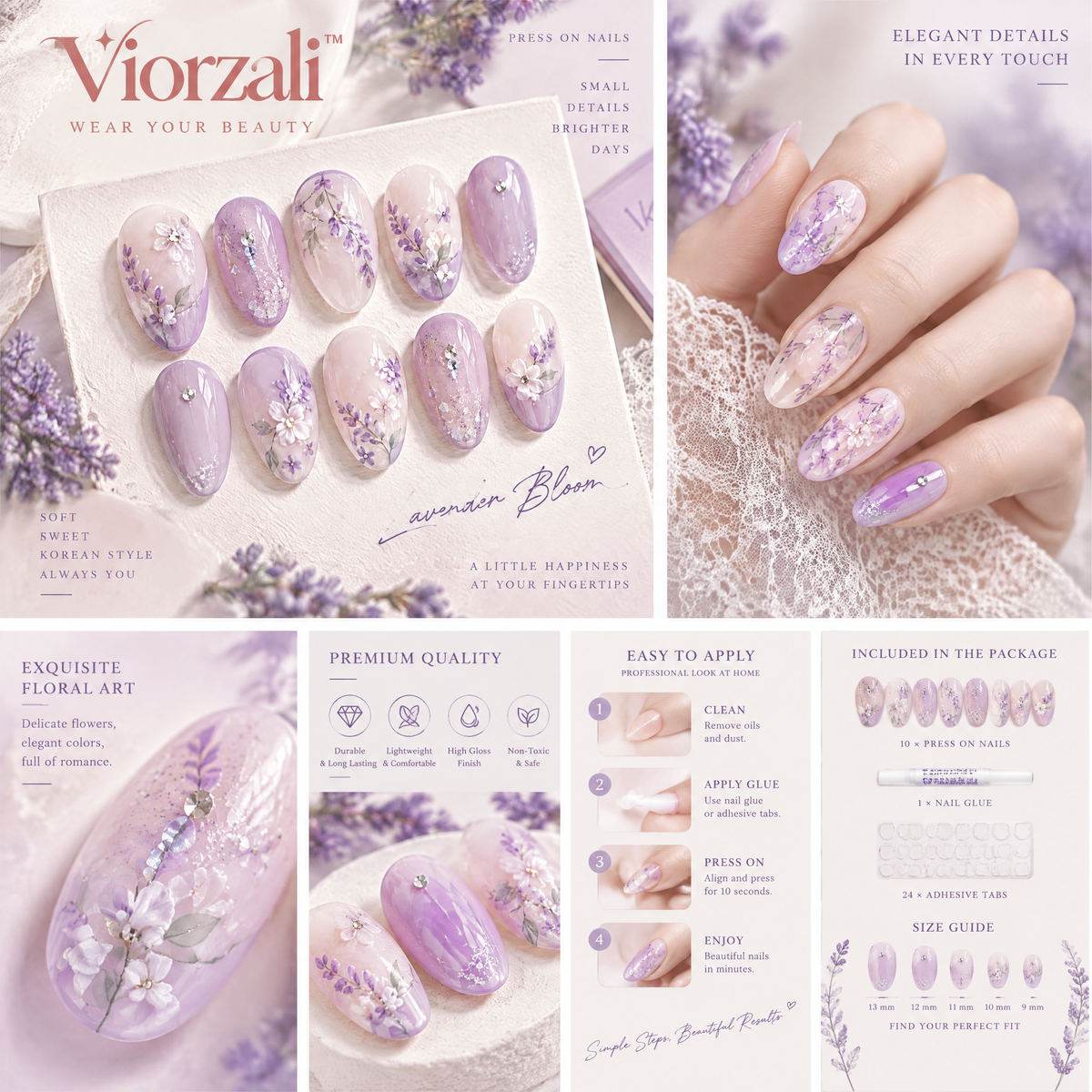 Viorzali™ Lavender Bloom Floral Press-On Nails — finish and decorative details